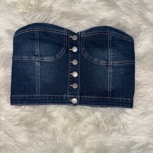Denim Button-Front Strapless Bustier Top - Dark Blue